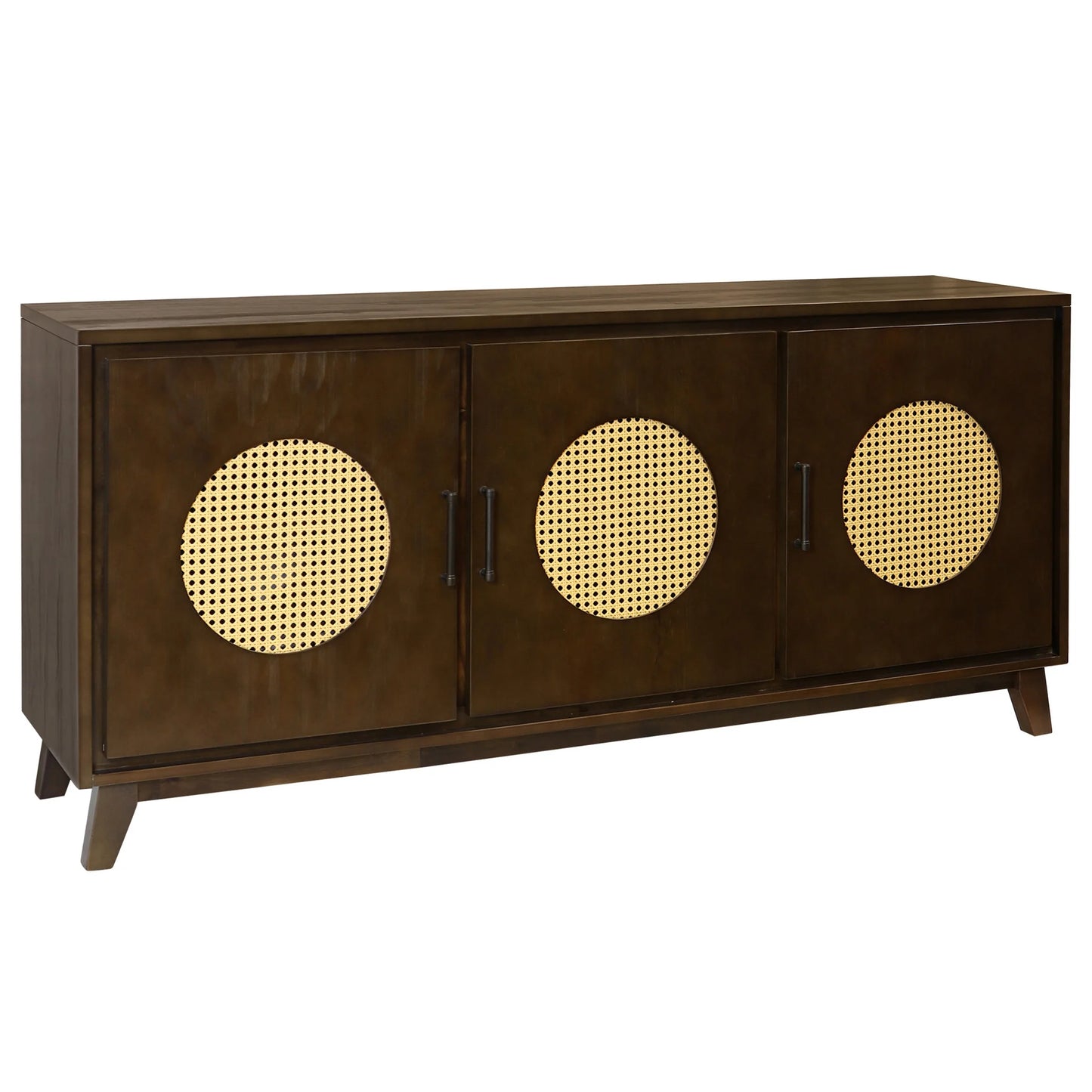 Mahogany and Rattan MCM Three‑Door Sideboard