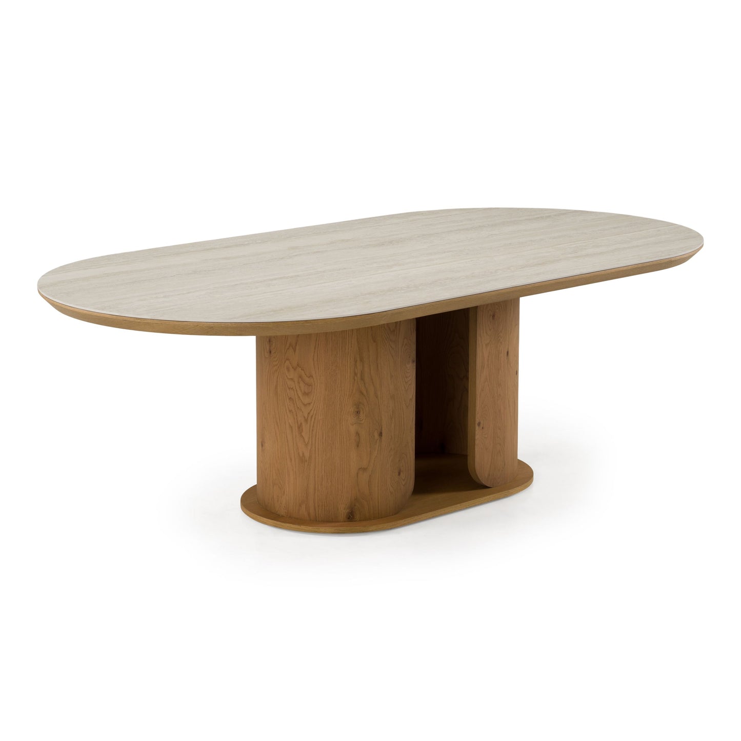 Walbrook Modern Faux Travertine Ceramic White Oak Oval Dining Table