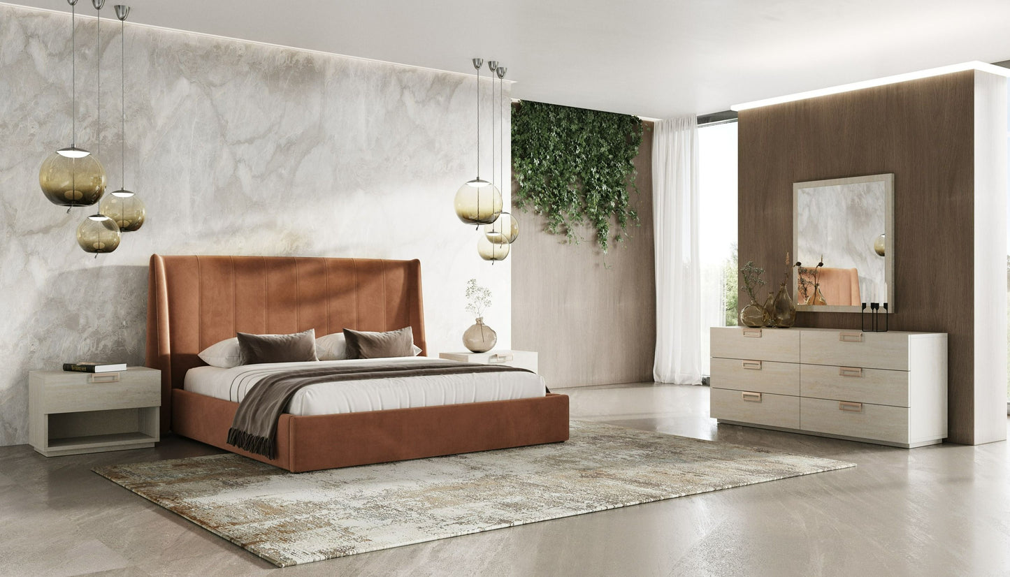Lamod Roma + Lago Modern 4-Piece Bedroom Set – Burnt Orange Velvet Bed & Faux Travertine Furniture