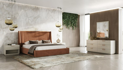 Lamod Roma + Lago Modern 4-Piece Bedroom Set – Burnt Orange Velvet Bed & Faux Travertine Furniture