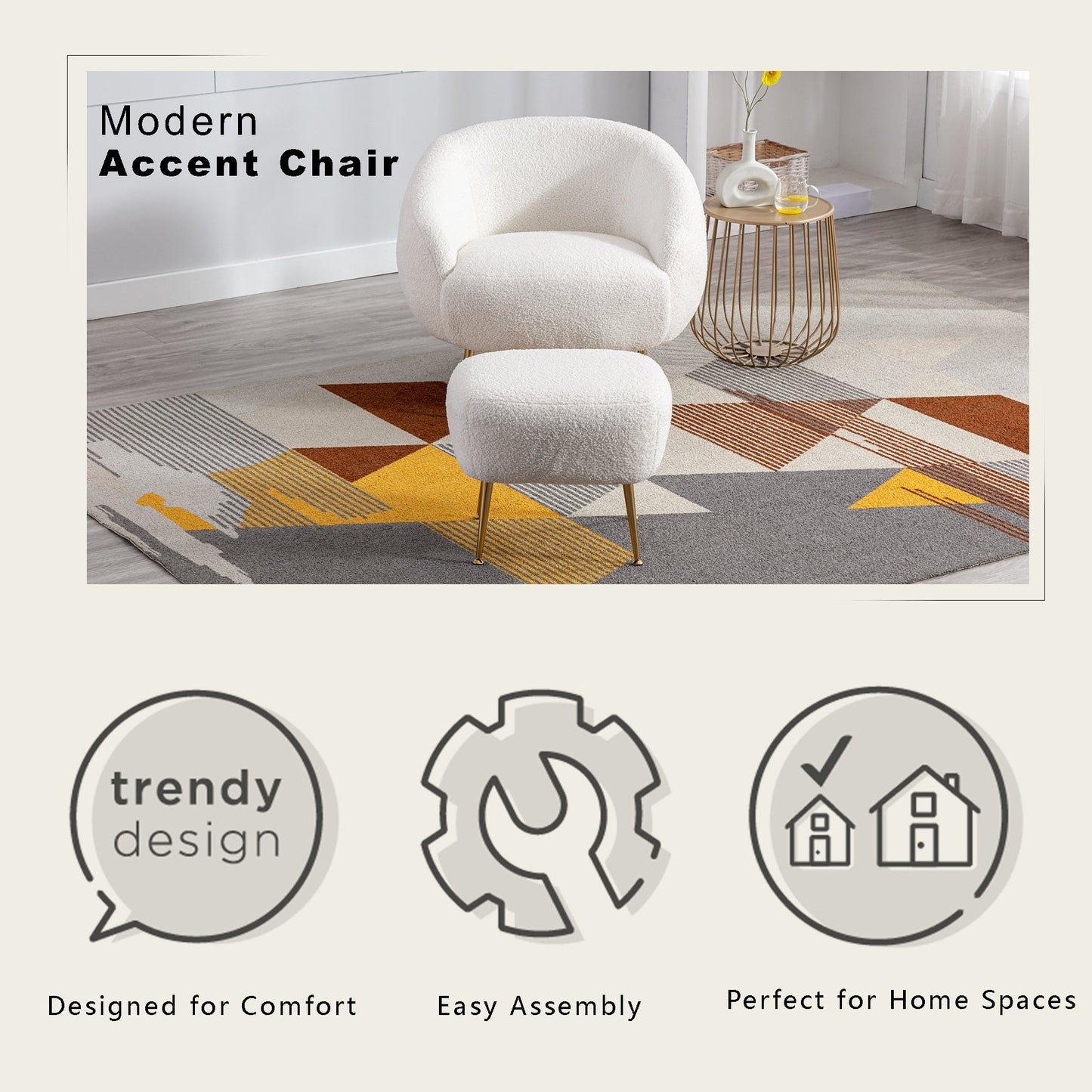 Corwin Modern Accent Chair, Velvet Armchair with Ottoman, White