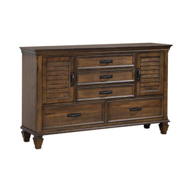 Franco 5-Drawer Dresser with 2 Louvered Doors – Burnished Oak Finish for Rustic Elegance and Versatile Bedroom Storage