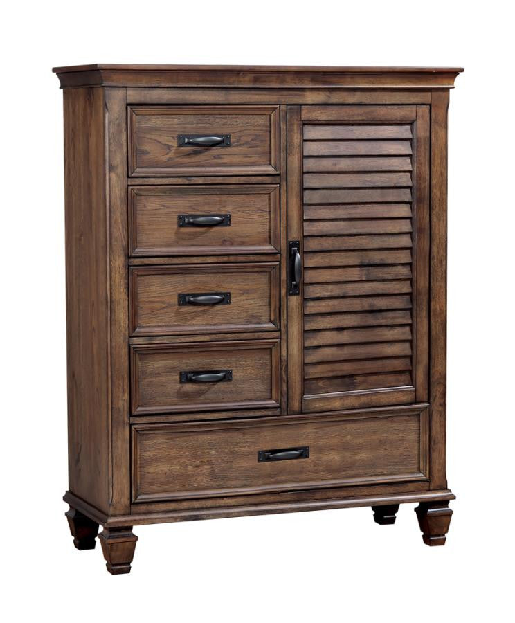 Franco 5-Drawer Man's Chest With Louvered Panel Door Burnished Oak