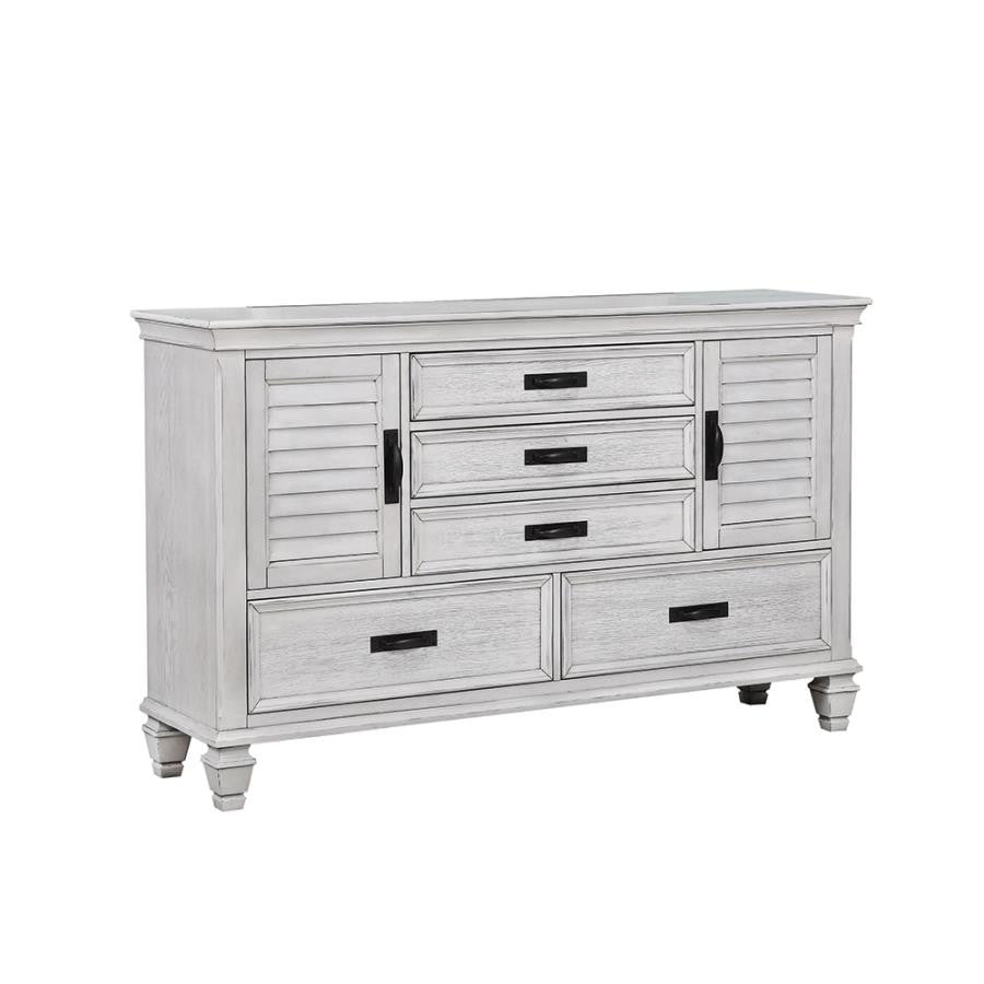 Franco Antique White Five-Drawer Chest With Louvered Panel Doors