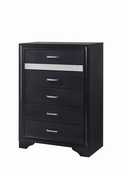 Miranda 5-Drawer Chest – Black Finish with Rhinestone Accents for Glamorous Style and Functional Storage