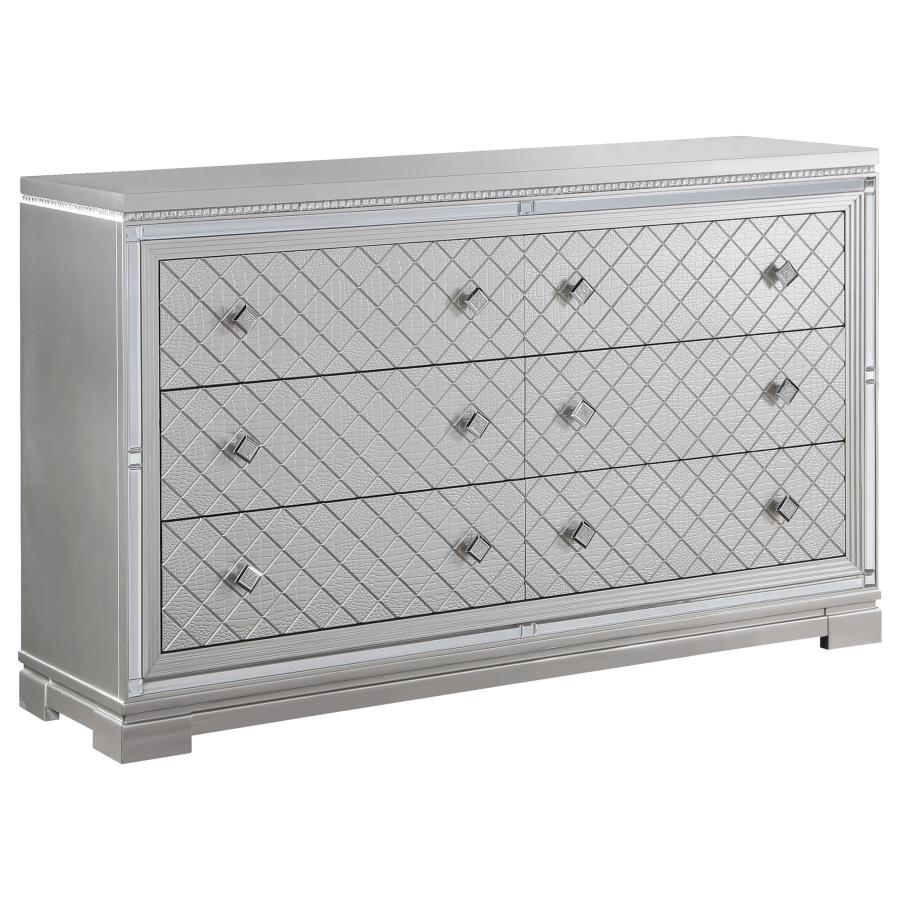 Eleanor Rectangular 6-Drawer Dresser – Metallic Finish for Modern Glamour and Functional Bedroom Storage