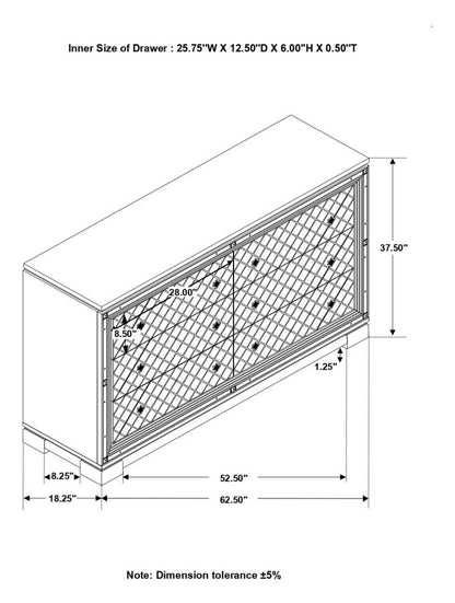 Eleanor Rectangular 6-Drawer Dresser – Metallic Finish for Modern Glamour and Functional Bedroom Storage