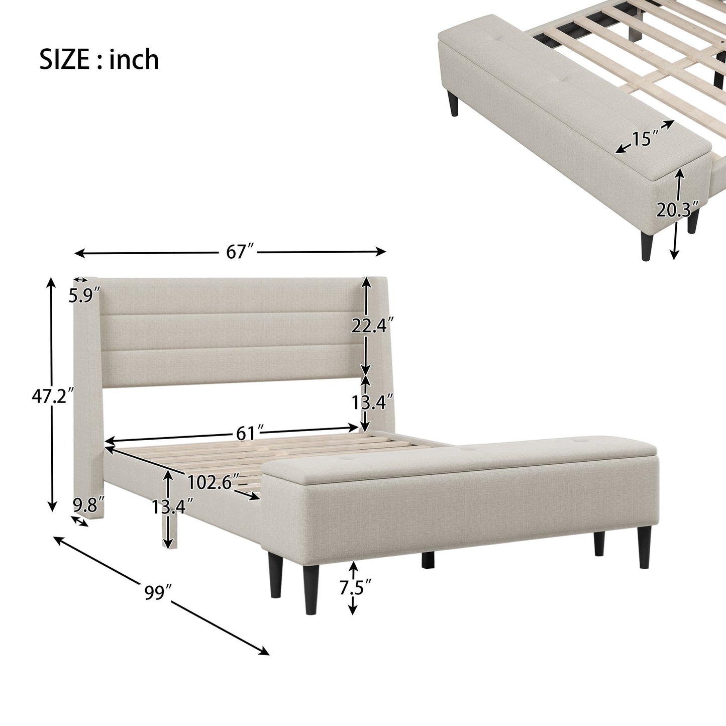 Catanzaro Beige Upholstered Storage Queen Bed Frame with Storage Ottoman Bench