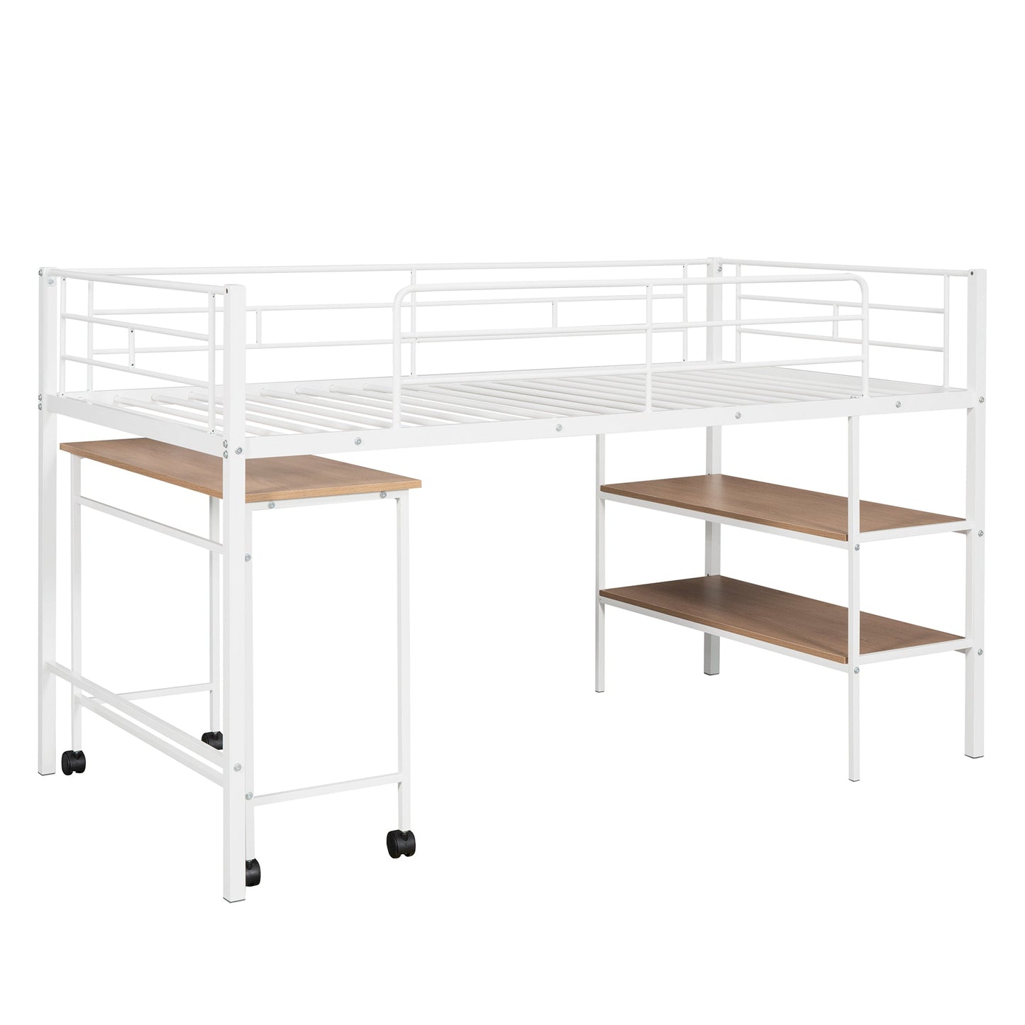 Trento White Twin Size Metal Loft Bed with Desk and Shelves