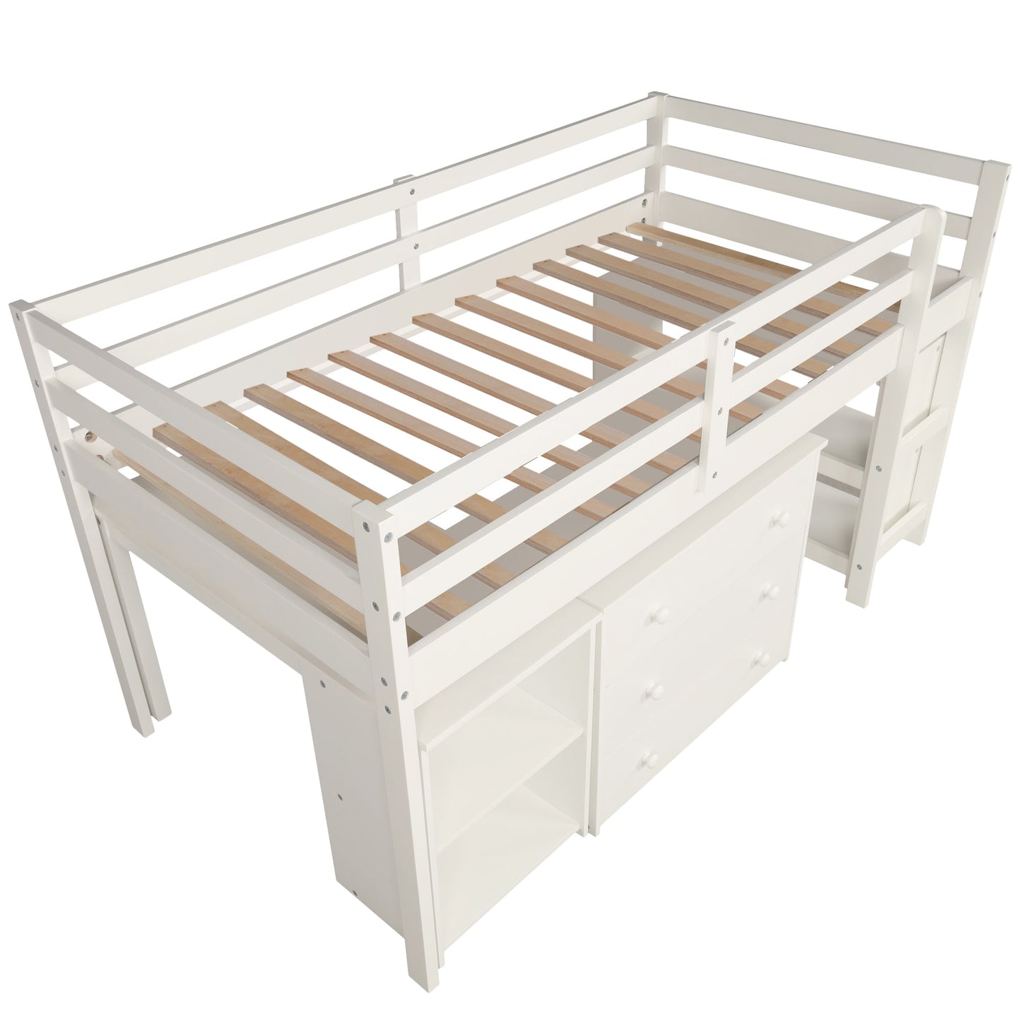 Otis Low Study Twin Loft Bed with Cabinet and Rolling Portable Desk - White