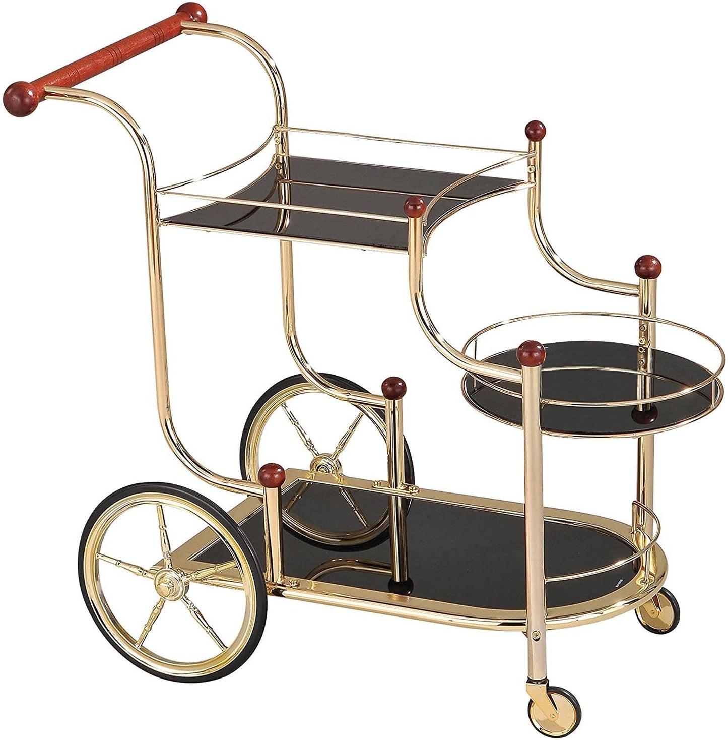 ACME Lacy Serving Cart, Gold Plated, Cherry Wood & Black Glass
