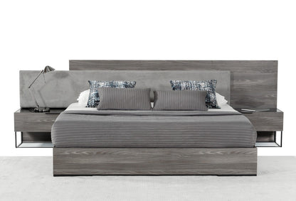 Modrest Enzo Italian Modern Grey Oak & Fabric Bed w/ Nightstands