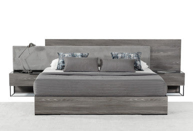 Modrest Enzo Italian Modern Grey Oak & Fabric Bed w/ Nightstands