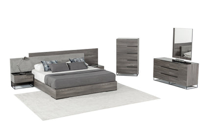 Modrest Enzo Italian Modern Grey Oak & Fabric Bed w/ Nightstands