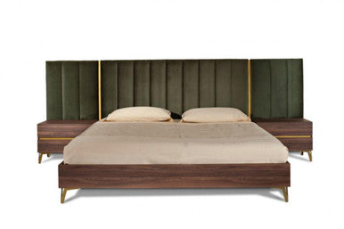 Nova Domus Calabria Modern Walnut & Green Velvet Bed & Nightstands