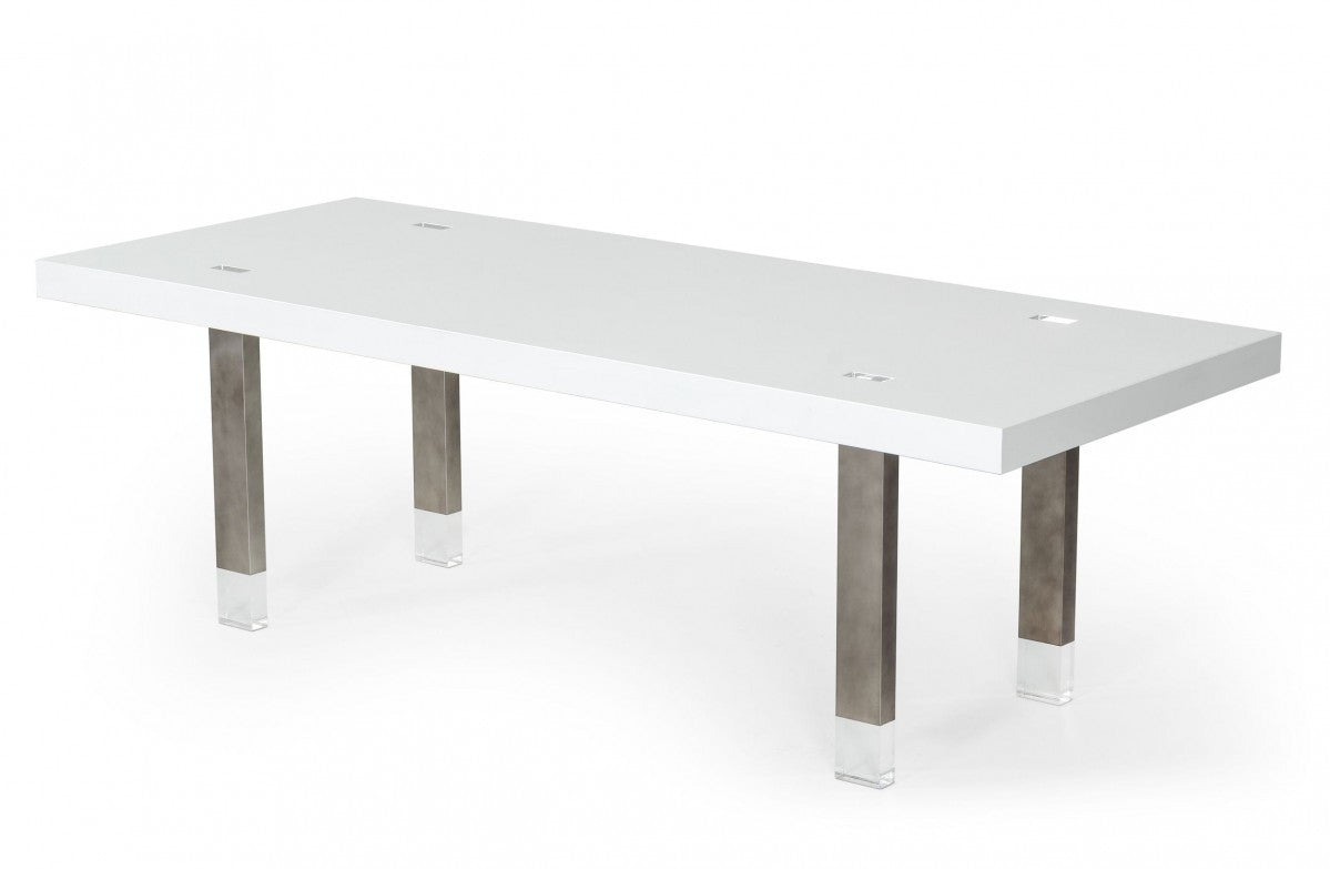 Modrest Lenny Modern White High Gloss & Stainless Steel Gun Metal Dining Table