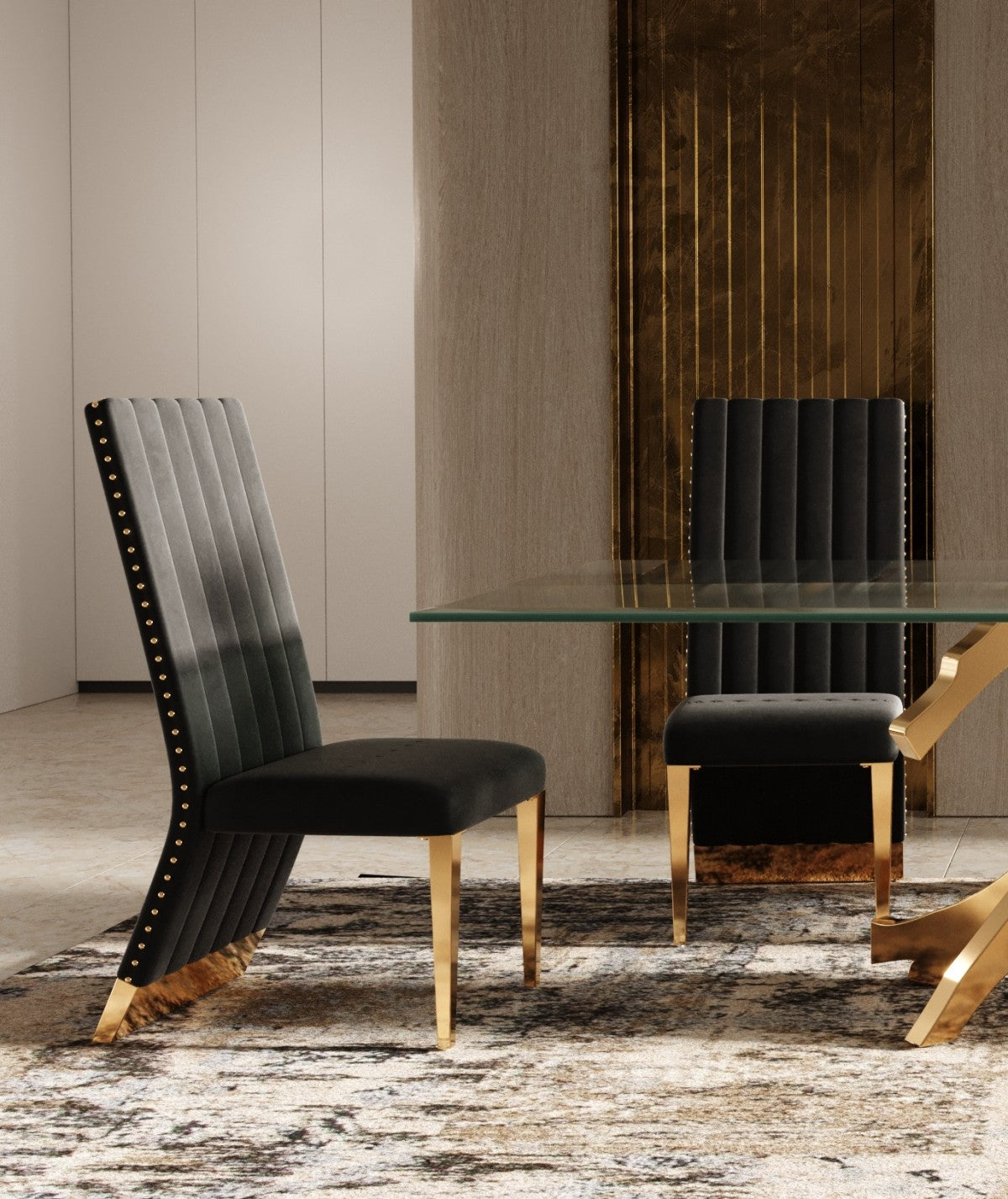 Modrest Keisha - Modern Black Velvet and Gold Dining Chair Set of 2