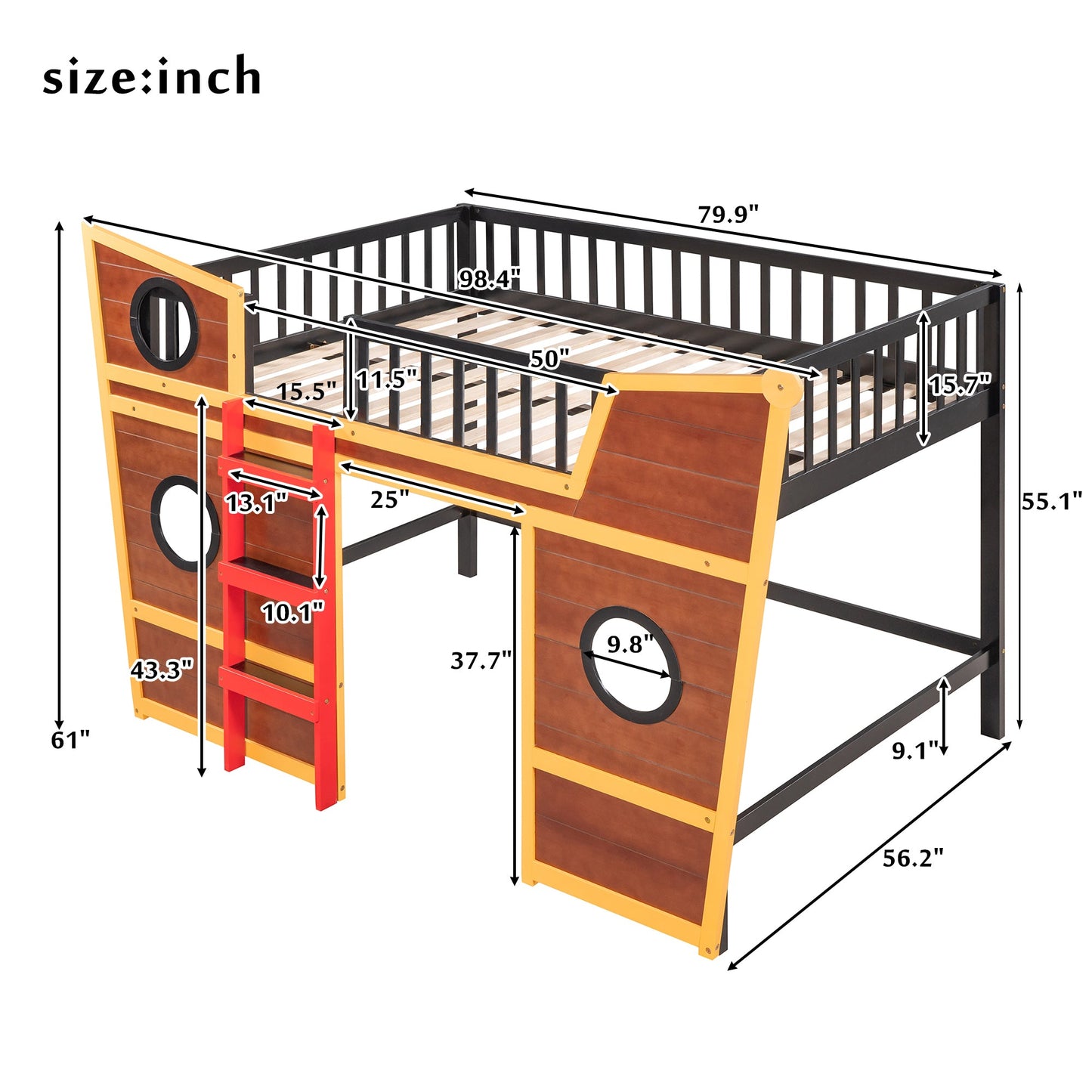 Vicenza Ladder-Walnut Full Size Boat Shape Loft Bed