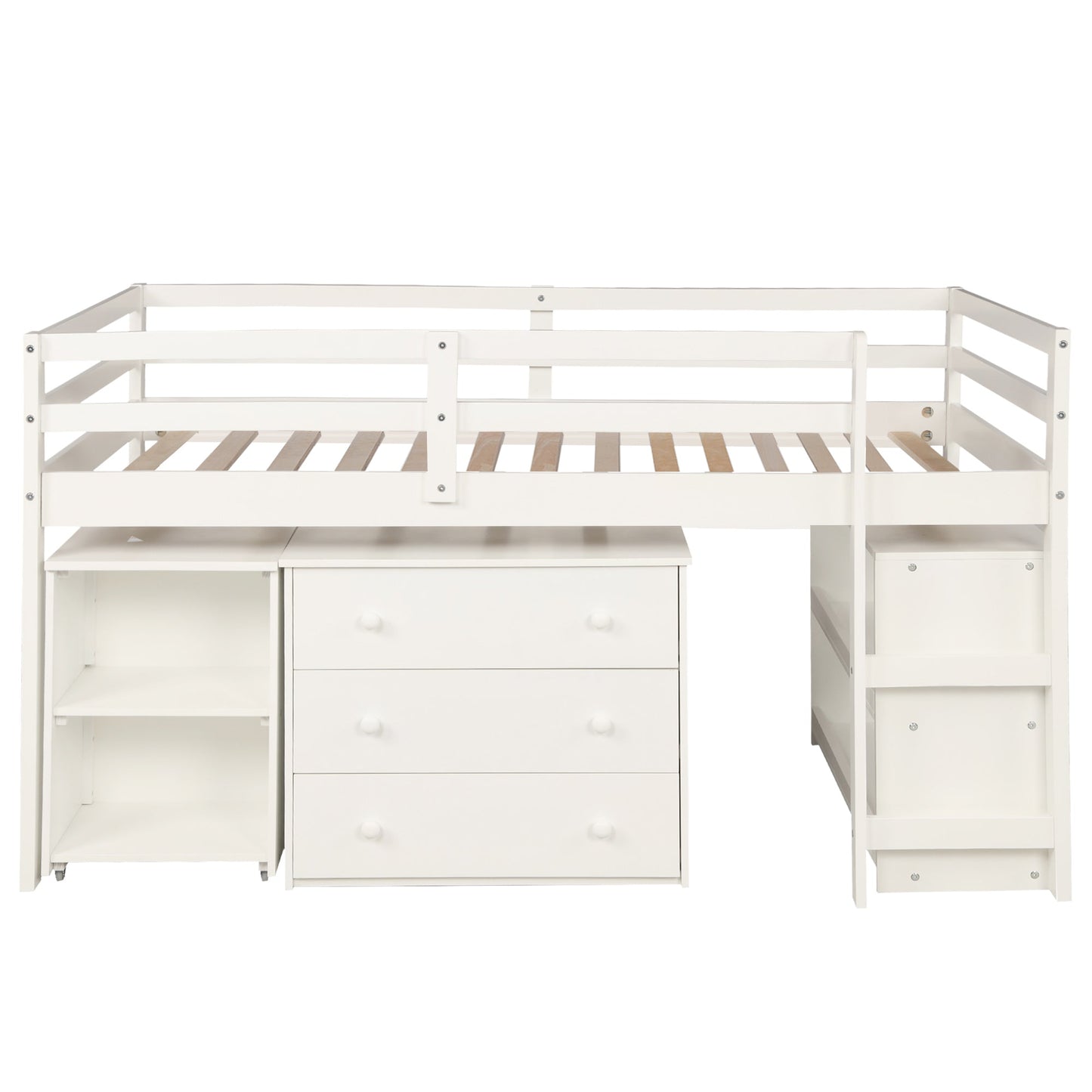 Otis Low Study Twin Loft Bed with Cabinet and Rolling Portable Desk - White