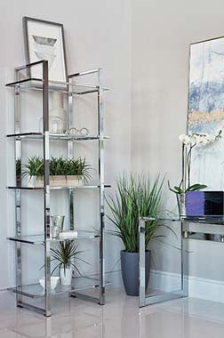 Hartford Glass Shelf Bookcase – Chrome Finish for Sleek Modern Design and Elegant Storage Display