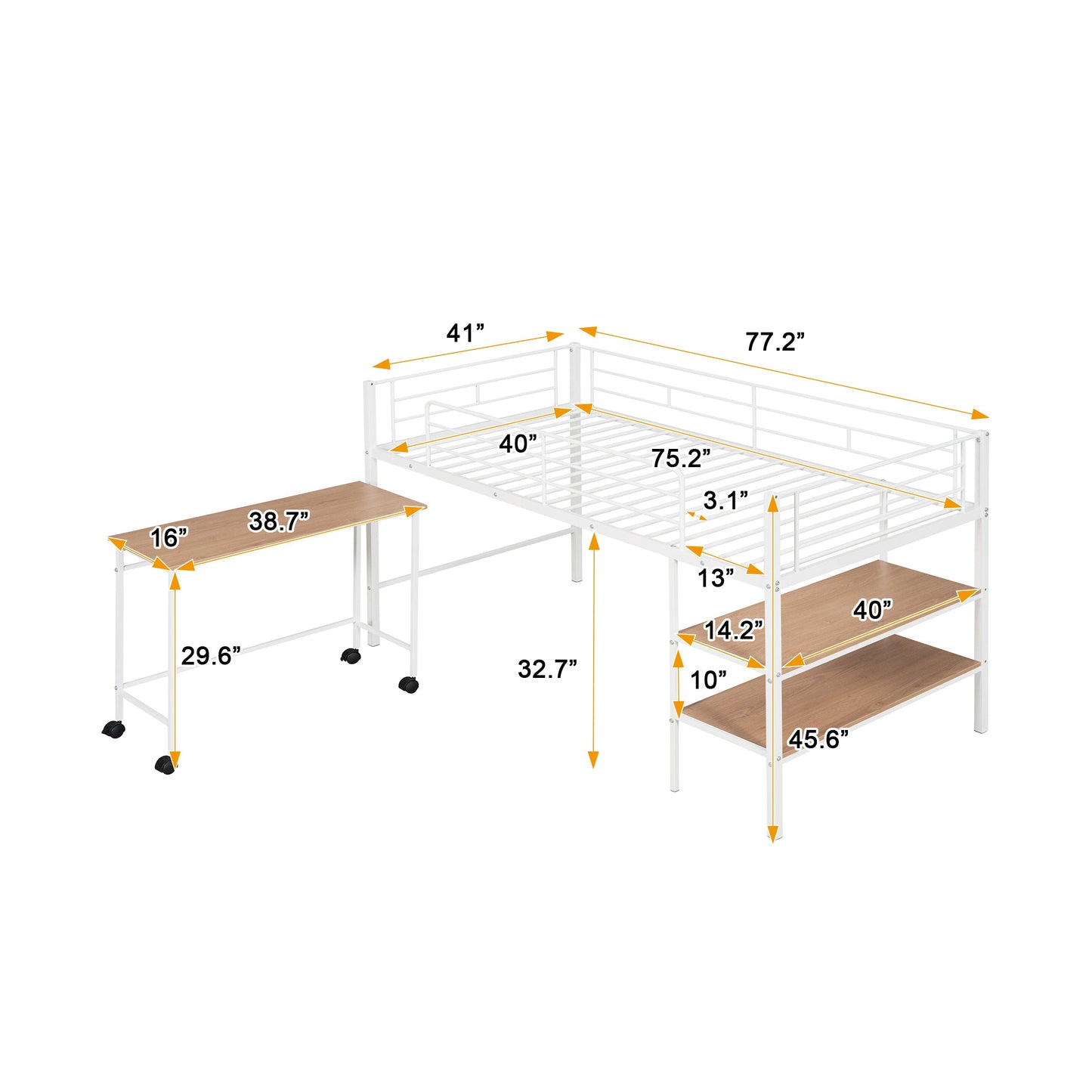Trento White Twin Size Metal Loft Bed with Desk and Shelves