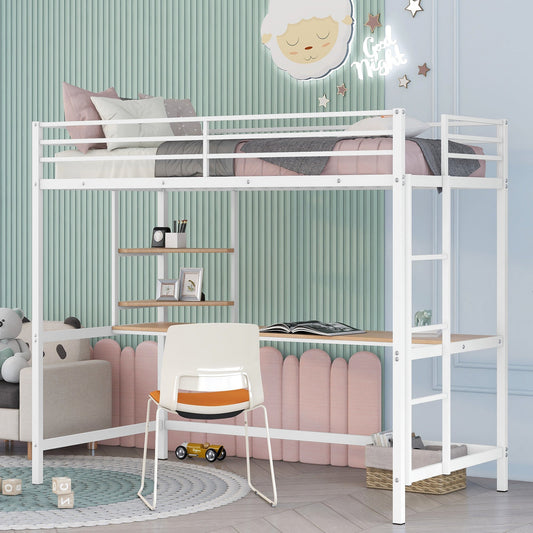 Bergamo White Twin Metal Loft Bed with Desk and Shelve