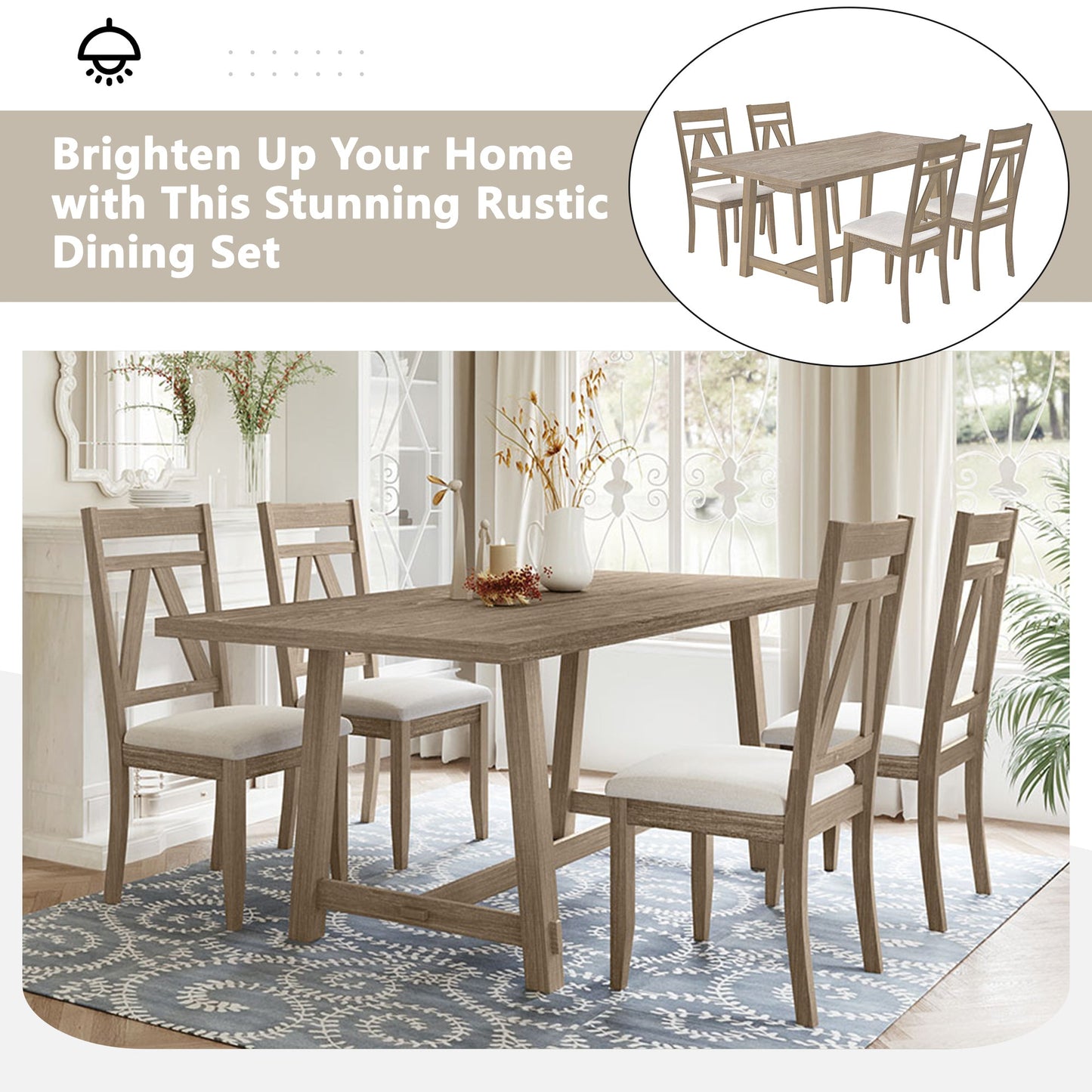 Rustic 5-Piece Brown Large Wood Dining Table Set with 70inch Table and 4 Upholstered Dining Chairs