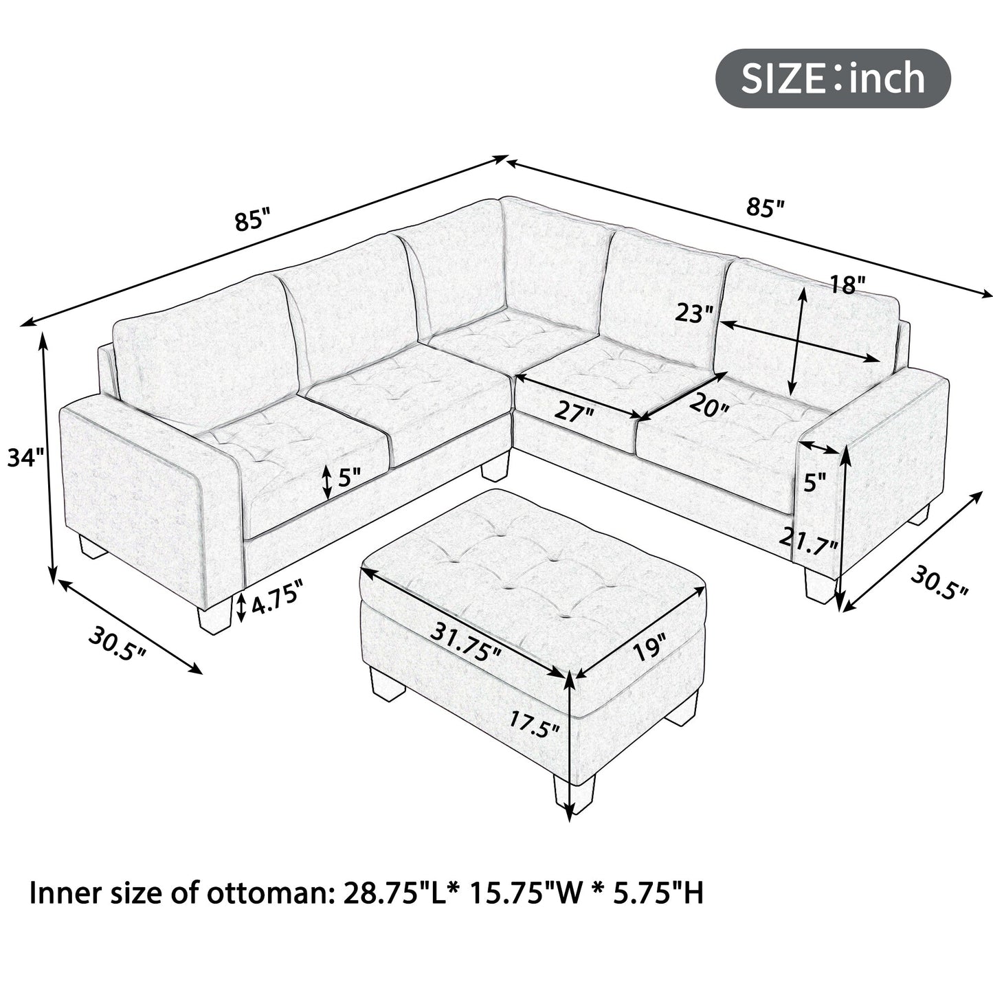 Brianna L Shape Sectional Corner Sofa, Space Saving with Storage Ottoman, Light Grey