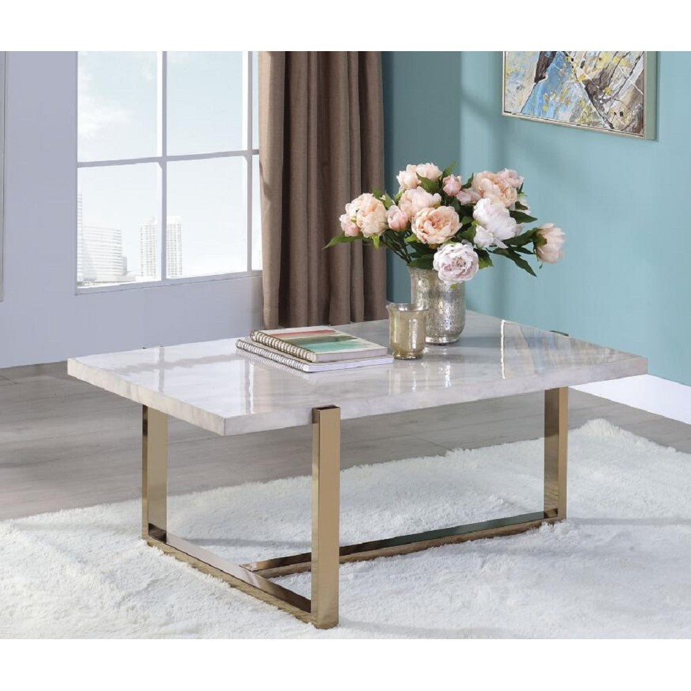 ACME Feit Coffee Table in Faux Marble & Champagne