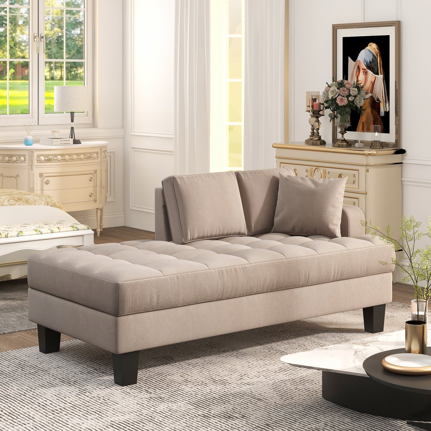 Galina Deep Tufted Upholstered Textured Fabric Chaise Lounge with Toss Pillow, Warm Grey