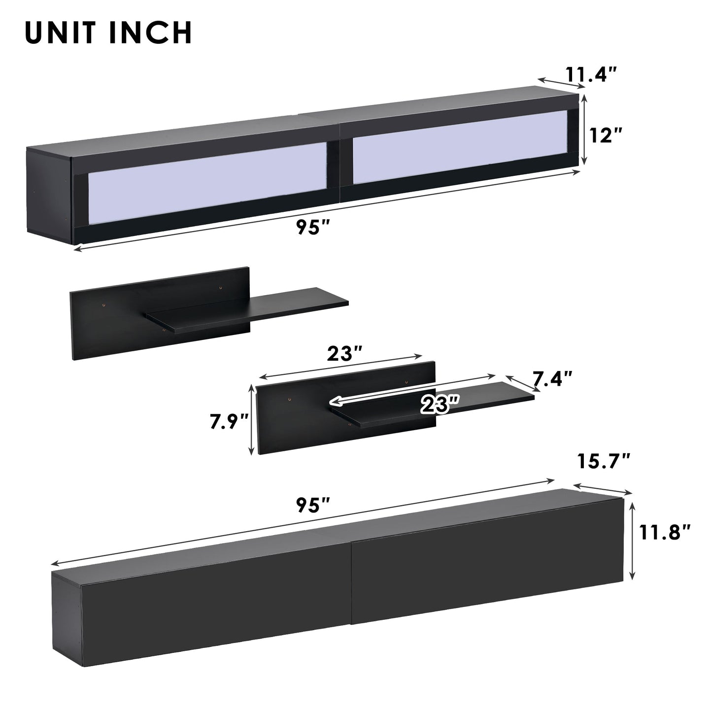 Trieste Black Wall Mount Floating High Gloss Entertainment Center for 95+ Inch TV 16-color RGB LED Lights