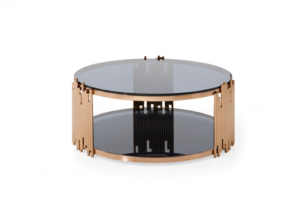 Modrest Bryce Modern Smoked Glass & Rosegold Round Coffee Table
