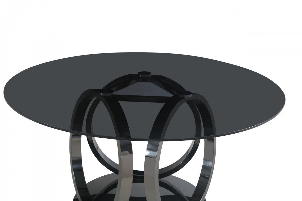 Modrest Enid - Modern Smoked Glass & Black Stainless Steel Round Dining Table