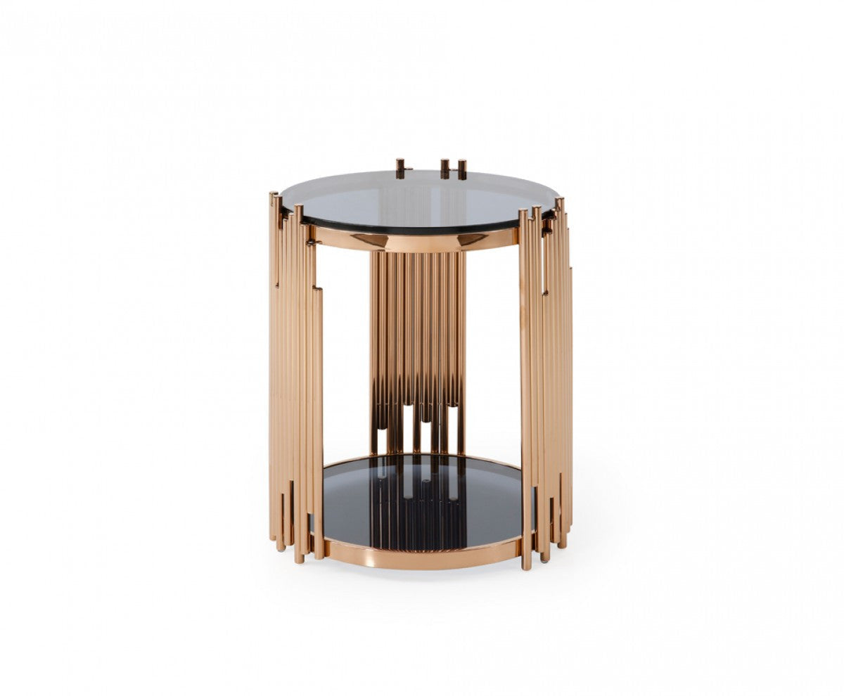 Modrest Bryce Modern Smoked Glass & Rosegold Round End Table