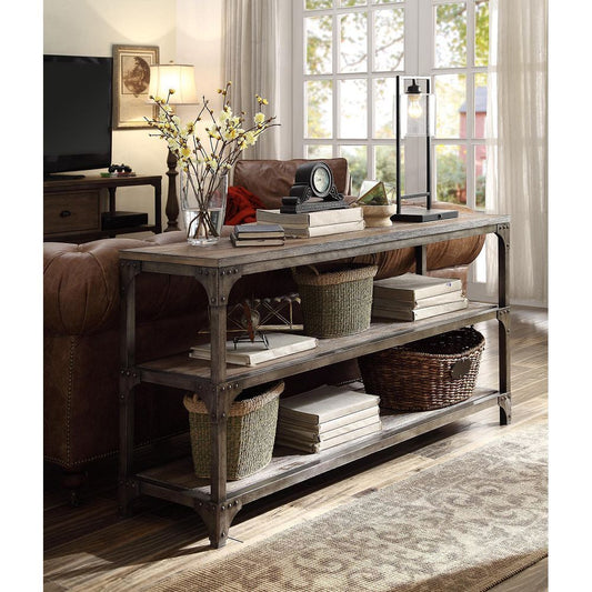 ACME Gorden Console Table in Weathered Oak & Antique Silver
