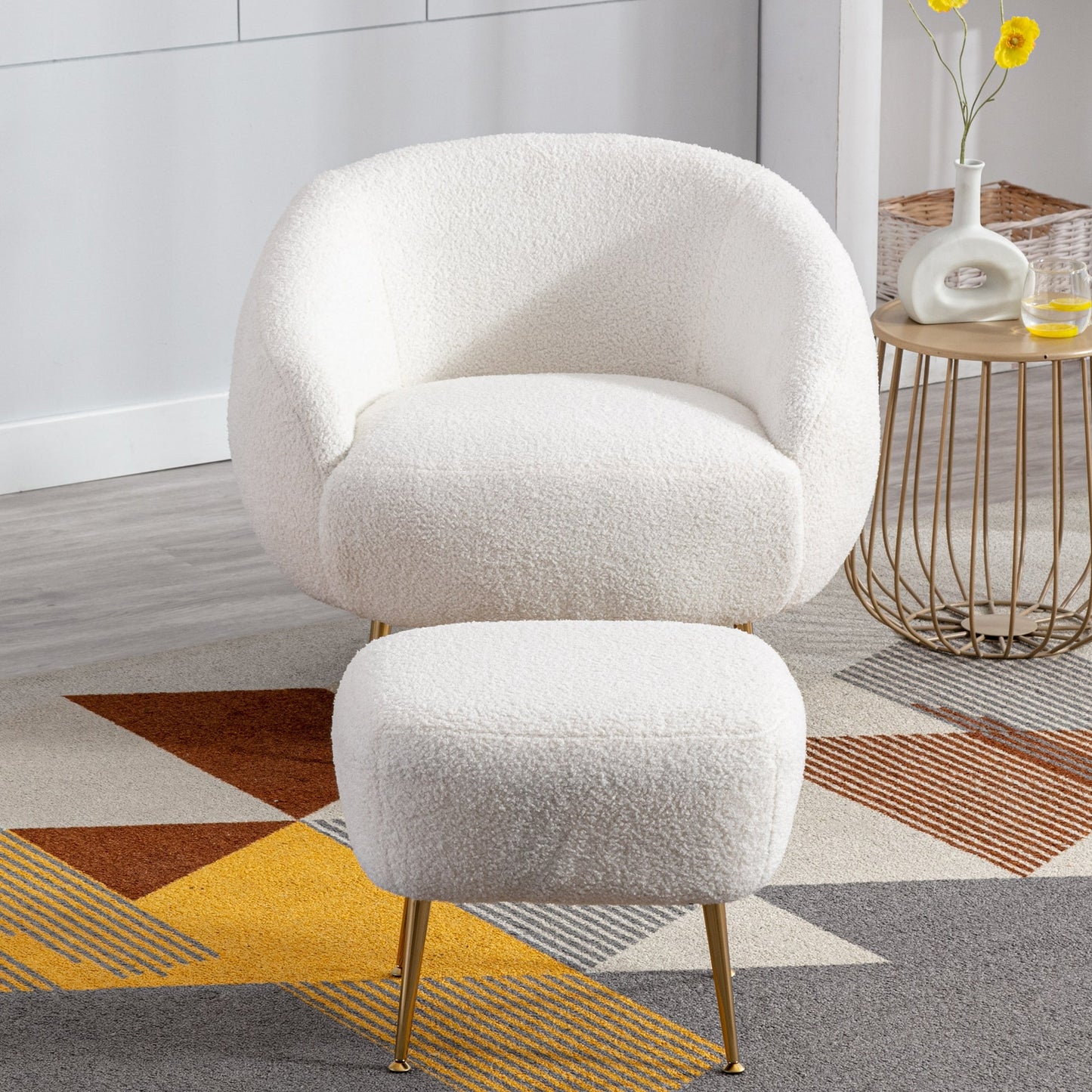 Corwin Modern Accent Chair, Velvet Armchair with Ottoman, White