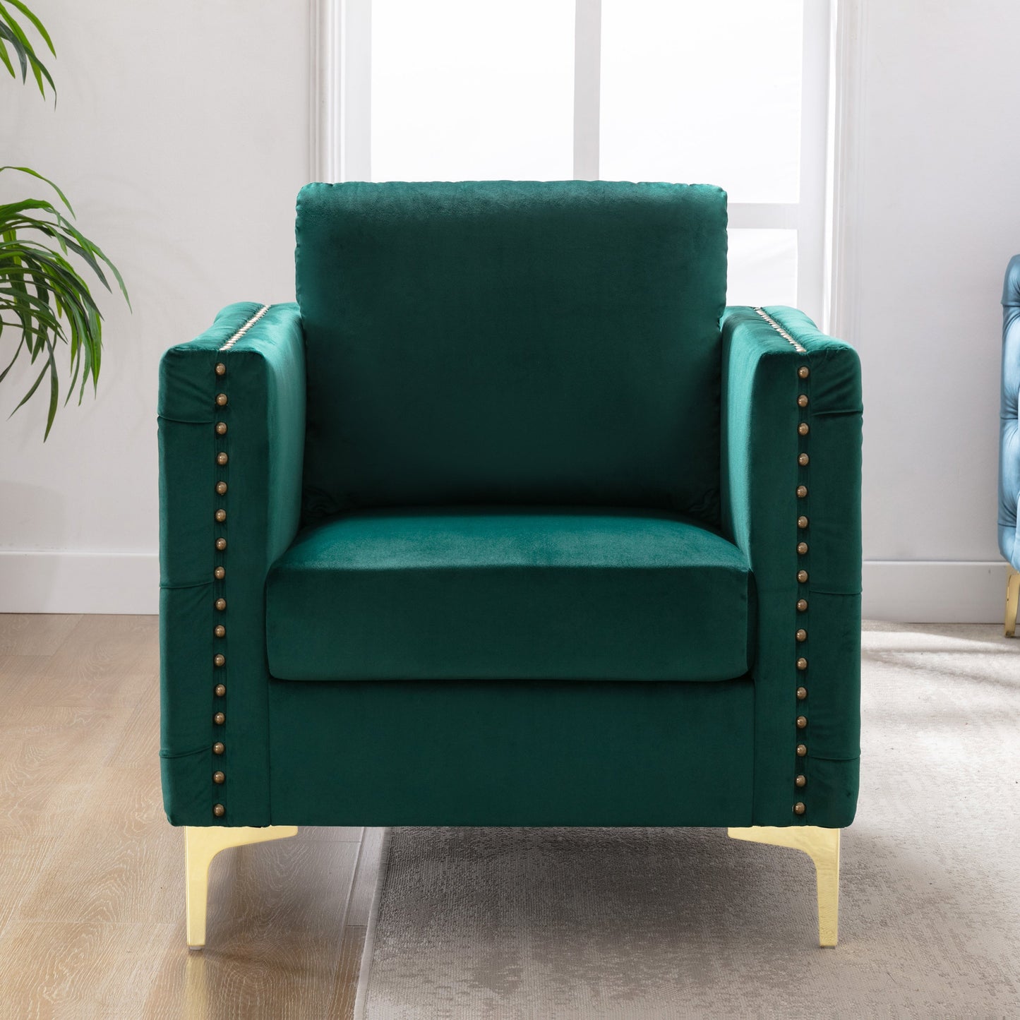 Hutton Modern Velvet Armchair, Tufted Button Accent Club Chair with Steel Legs, Green
