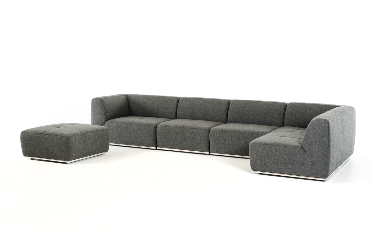 Divani Casa Modern Grey Fabric Sectional Sofa and Ottoman