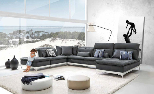 David Ferrari Horizon Modern Grey Fabric & White Leather Sectional Sofa