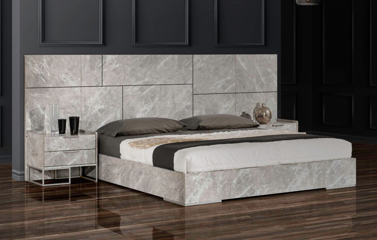 Nova Domus Marbella - Italian Modern Grey Marble Bed w/ 2 Nightstands