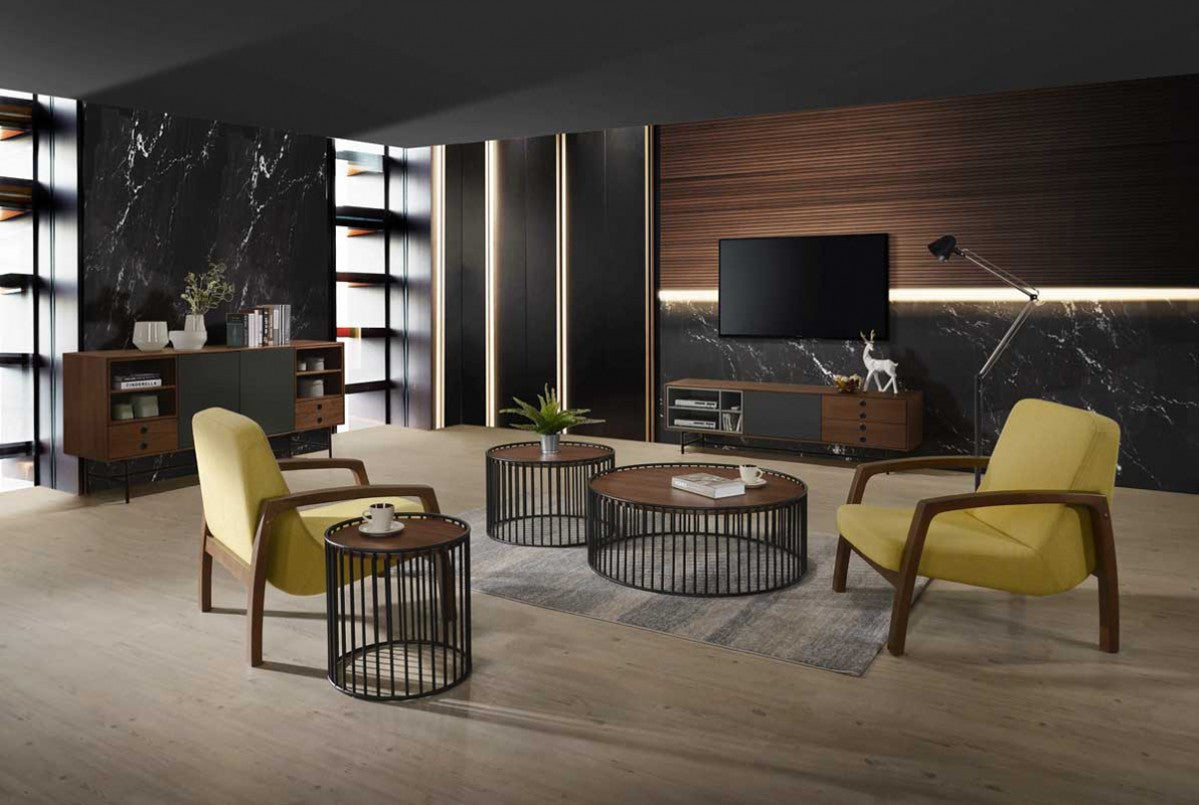 Modrest Bronson Modern Walnut & Black Round Tea Table