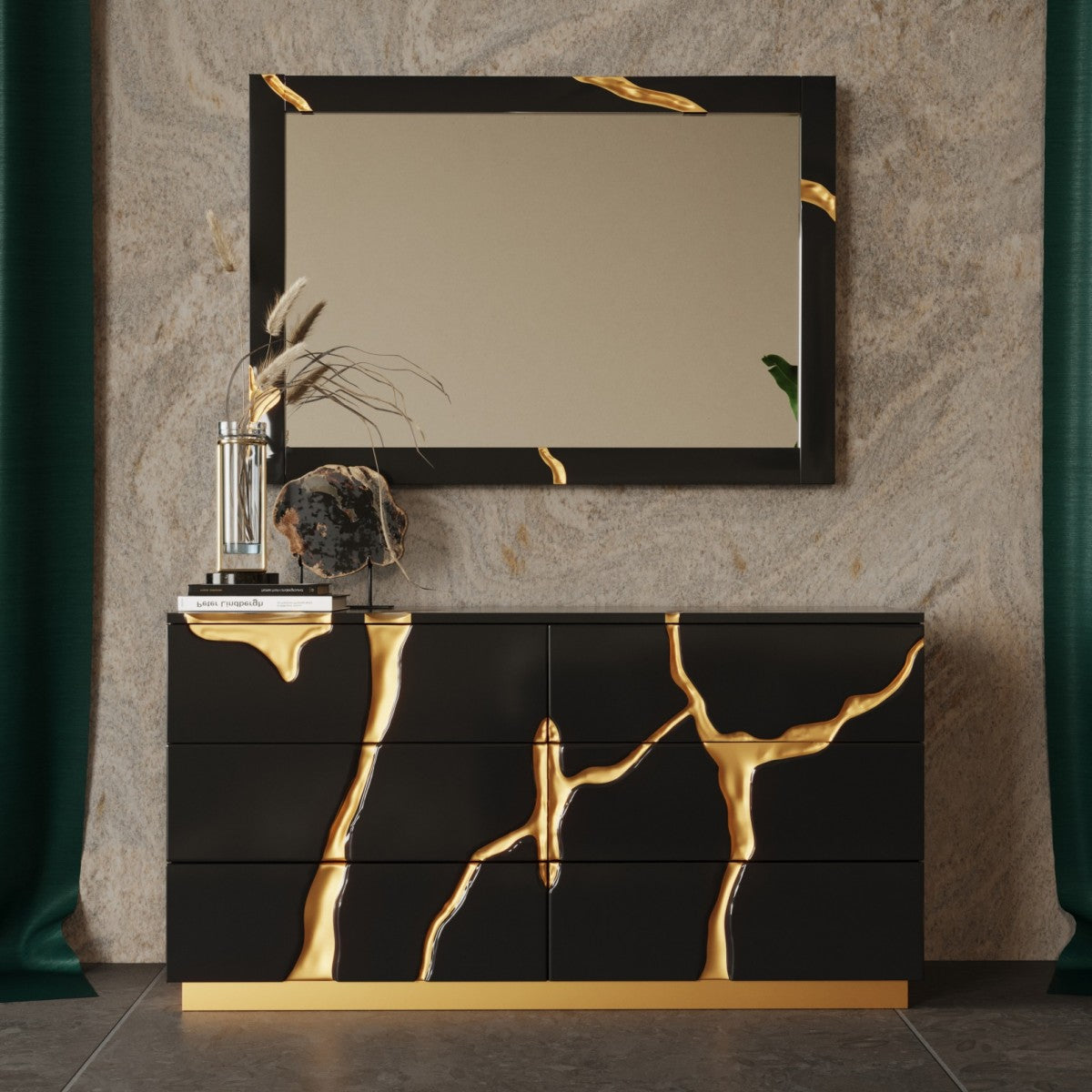 Modrest Aspen - Modern Wide Black and Gold Dresser