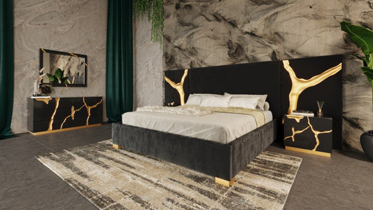 Modrest Aspen - Glam Black Velvet & Gold Bed