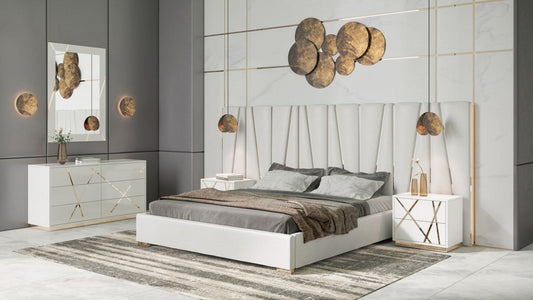 Modrest Nixa - Modern White + Gold Bed + Nightstands