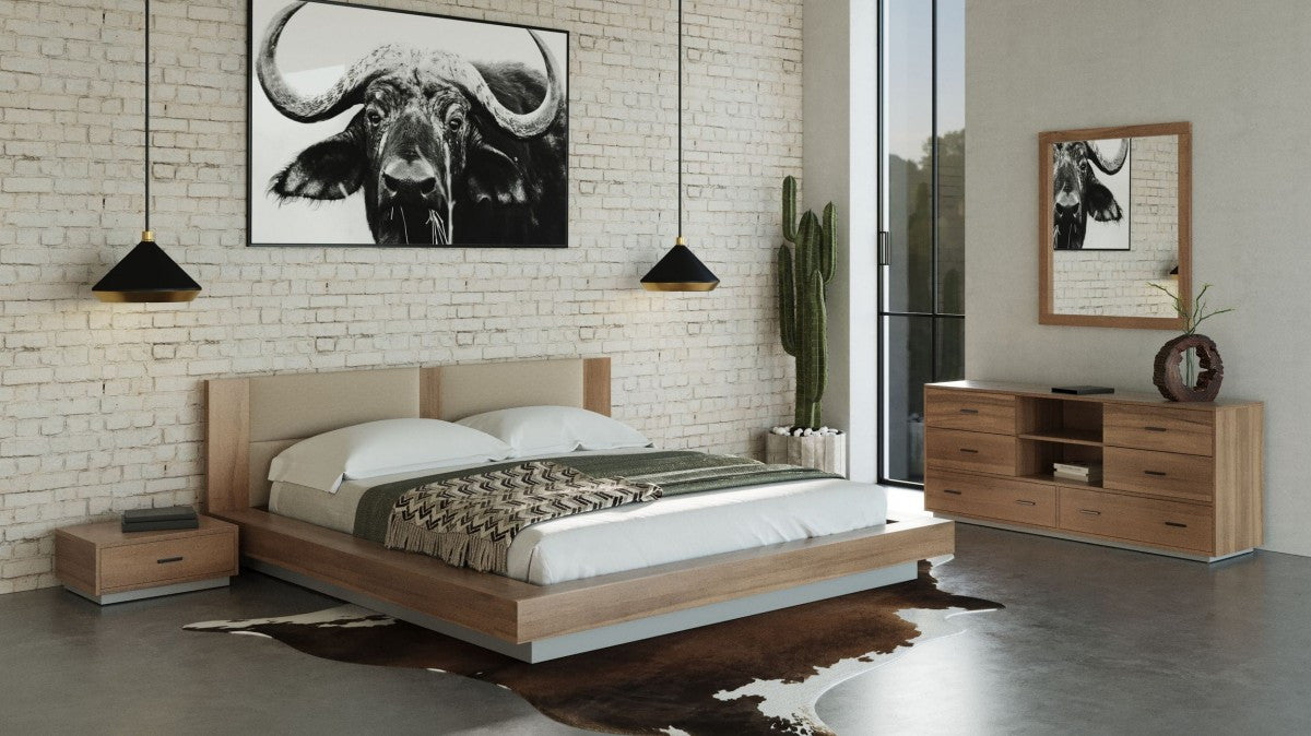 Nova Domus Fantasia Contemporary Walnut & Grey Bed with Two Nightstands