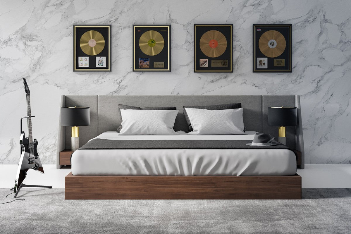 Nova Domus Janice - Modern Grey Fabric and Walnut Bed and Nightstands